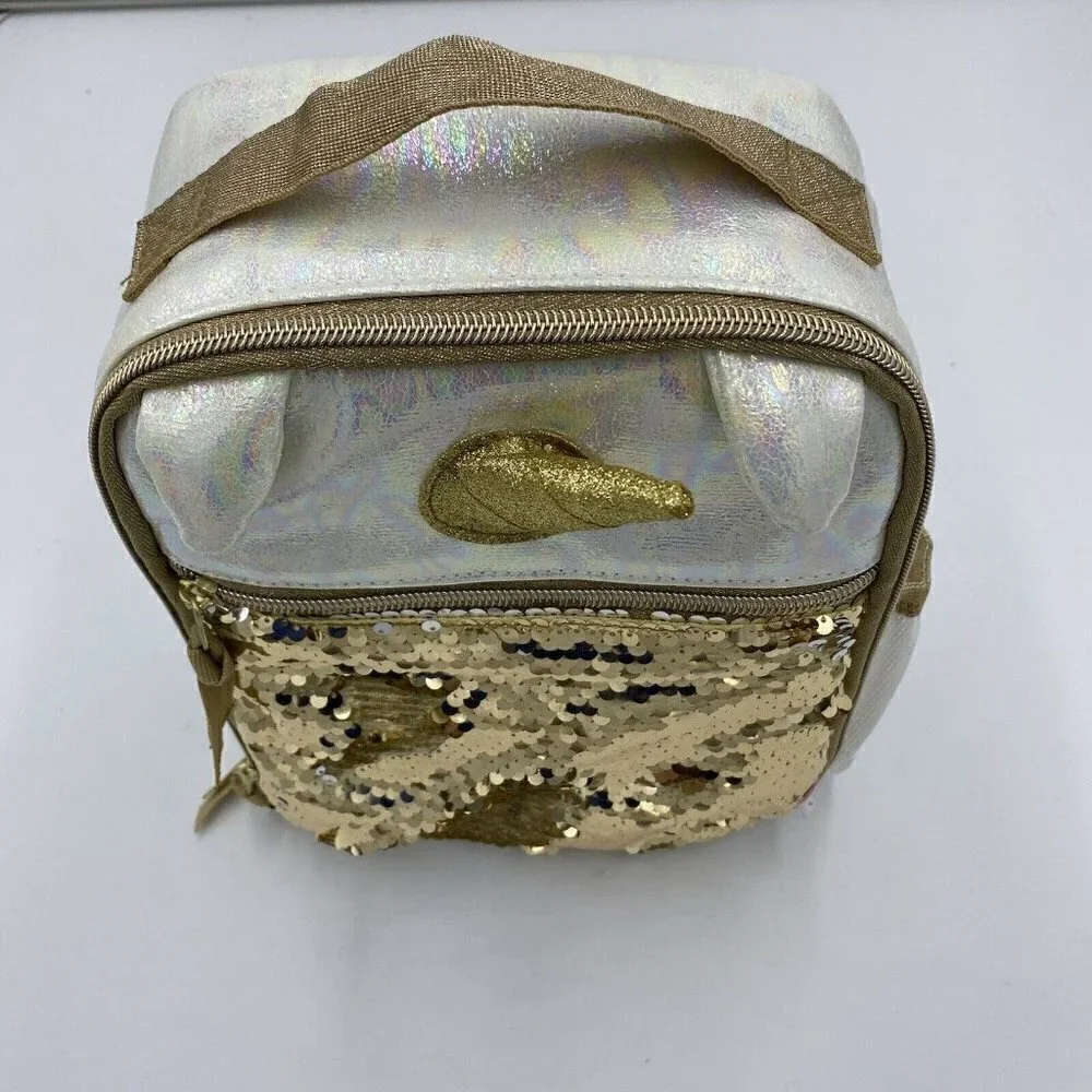 Kids Girls More Than Magic Golden Sequin Unicorn Lunch Upright Zippered Bag EUC
